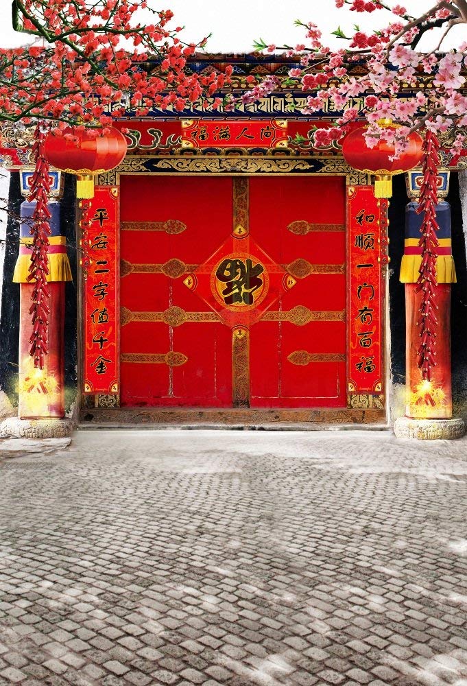 AOFOTO 6x8ft Lunar New Year Backdrop Chinese New Year Decorations Spring Festival Couplets Backgrounds China Red Gate Courtyard Firecrackers Lantern Bloom Plum Flowers Backdrop Family Portrait Props - Image 2